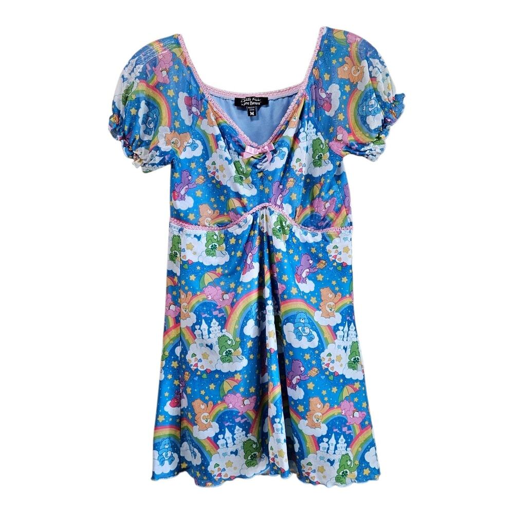 DOLLS KILL x CARE BEARS Size M Babydoll Top Multi Puff Sleeve Kawaii Bust 28"